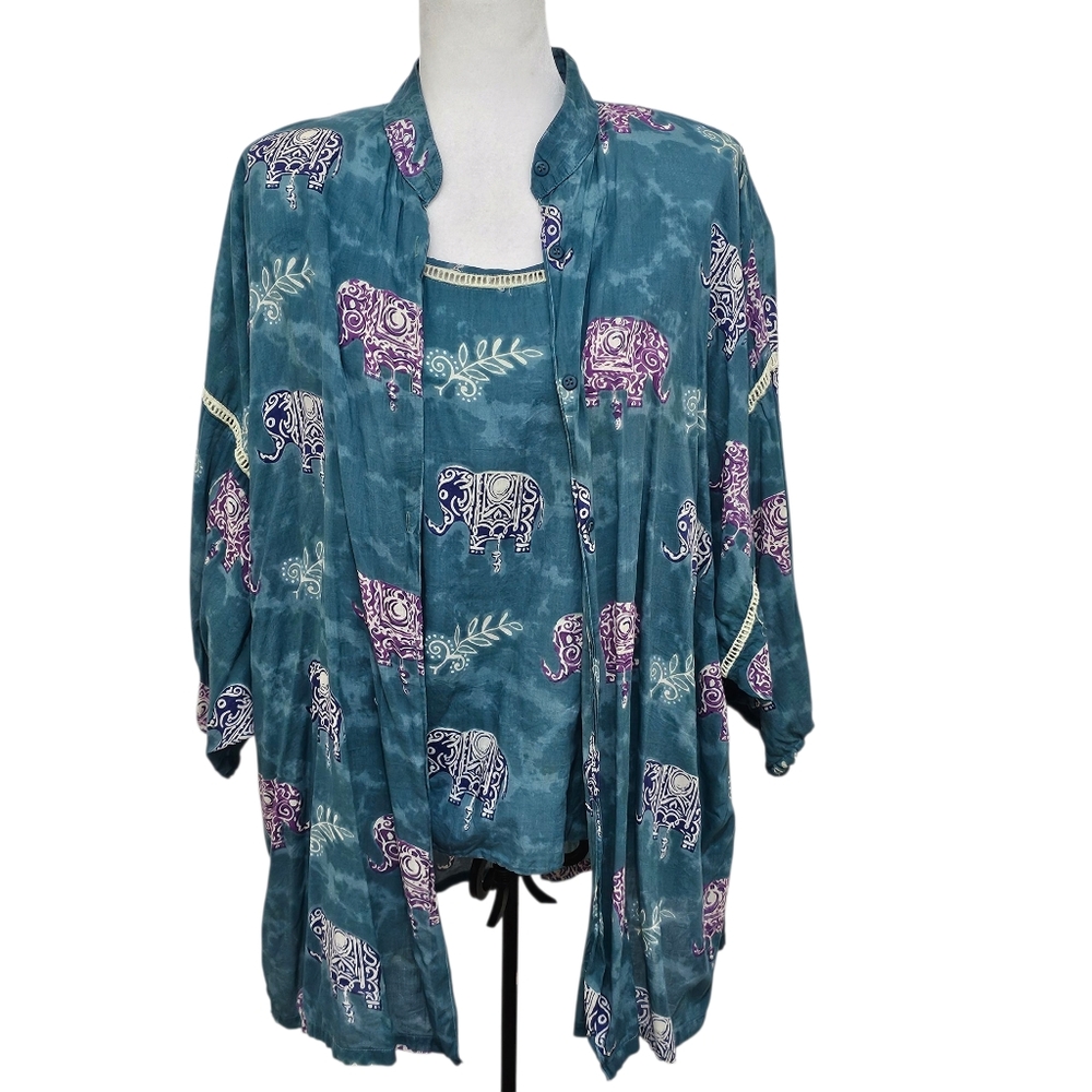 Vintage Two Piece Top And Blouse 100% Cotton Lightweight Elephant Print Large